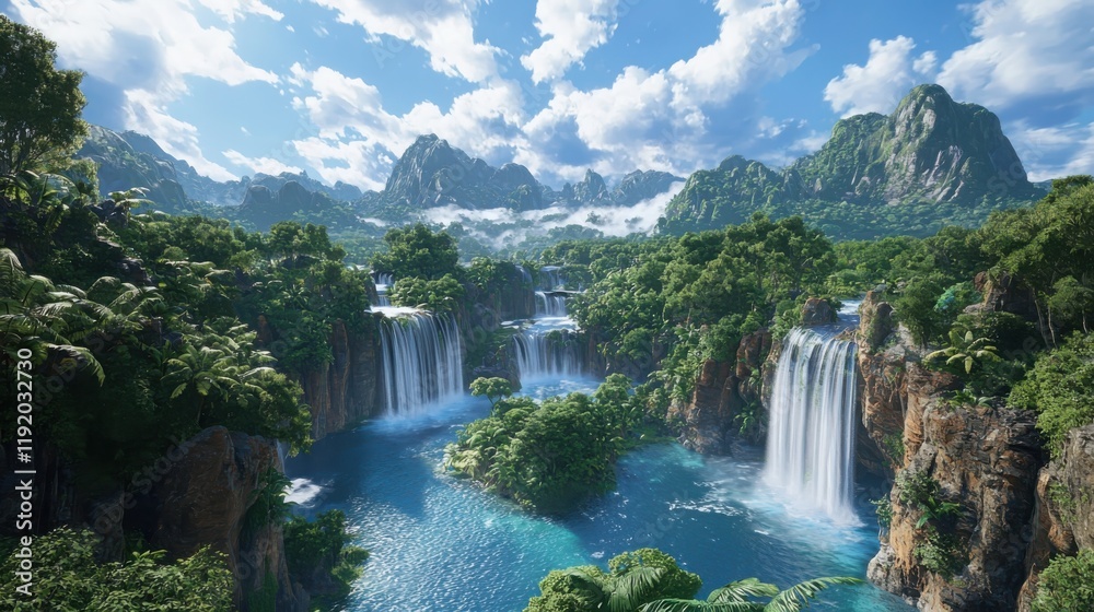 Fototapeta premium Majestic waterfall cascading through lush greenery tropical paradise landscape photography bright day aerial view nature's serenity