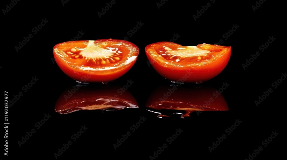 Two halves of a juicy red cherry tomato on a black reflective surface. Two halves of a juicy red cherry tomato on a black reflective surface.