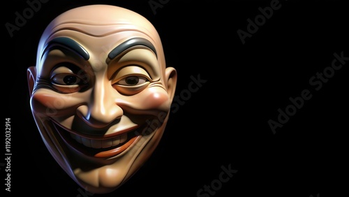 A cartoon mask with a mischievous grin and raised eyebrows on a black background, conveying slyness and playfulness
