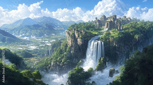 Majestic waterfall cascading through lush mountains enchanting landscape digital art serene environment aerial view natural beauty