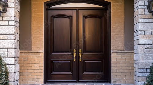 Classic double door in dark wood set against warm brick.