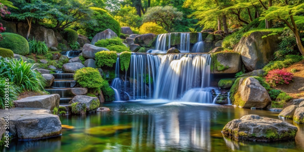 Naklejka premium Serene Waterfall in Japanese Garden, water feature, peaceful, water feature