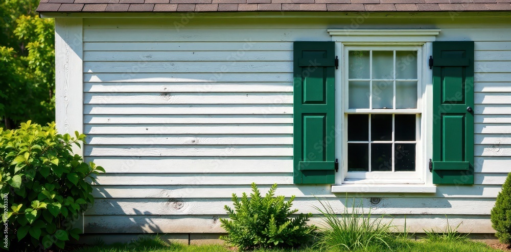 Fototapeta premium Weathered clapboard Cape Cod house with bay window and green shutters, traditional american homes, green shutters