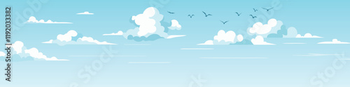 Vector drawing of sky with white clouds, bird flock, cartoon illustration, natural background	