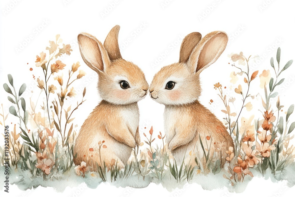 Obraz premium Adorable Hand-Drawn Bunnies Kissing Among Soft Pastel Flowers for Easter and Chinese New Year Celebrations