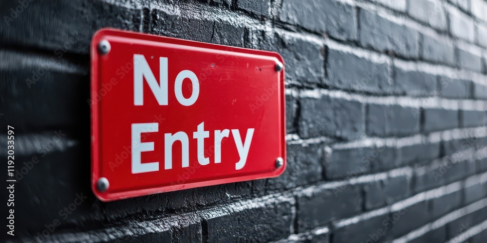 Obraz premium Bright red no entry sign on black brick wall. Prohibition sign in unique setting.