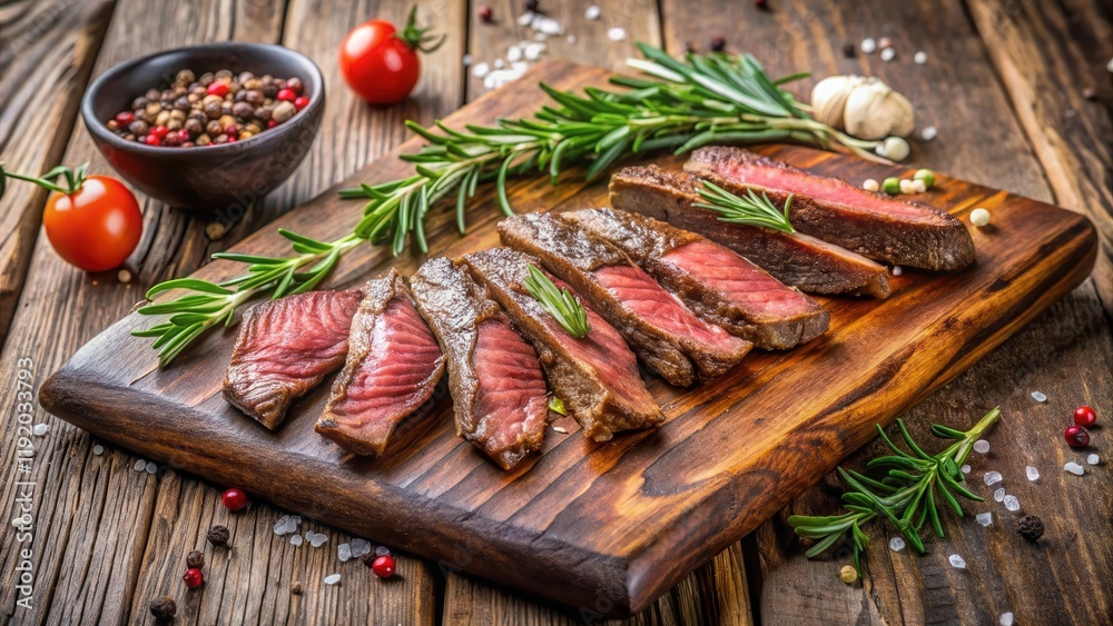 Grilled beef strips with herbs and spices on a rustic wooden board , meat, grill, meat Grilled beef strips with herbs and spices on a rustic wooden board , meat, grill, meat