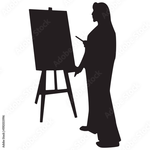 Silhouette of People Painting at Easel. Isolated Vector Illustration