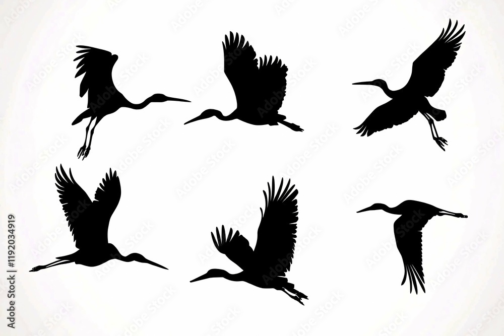 Obraz premium This bird silhouette collection features elegant black outlines of diverse species in flight and at rest, perfect for nature-inspired artwork and educational resources.