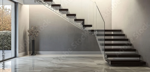 Luxurious villa hall with floating stairs and marble flooring.