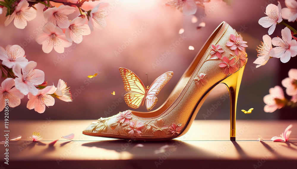 Obraz premium Shoe designed with cherry blossoms and butterflies - 벚꽃과 나비로 디자인한 구두