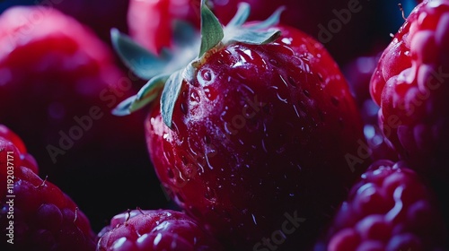 Close-up of a strawberry with raspberries, highlighted by water droplets and rich lighting