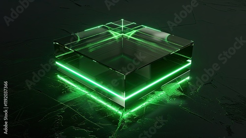 A transparent, circular glass platform illuminated by a green neon light glows against a dark background
