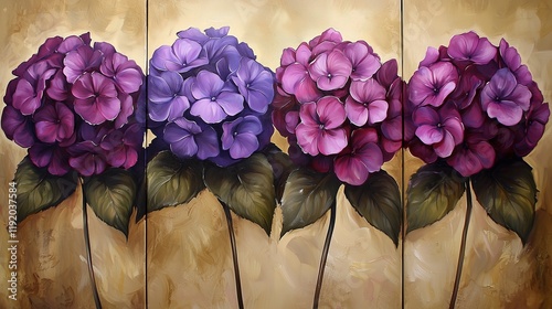 Vibrant purple and pink hydrangeas on a golden background.