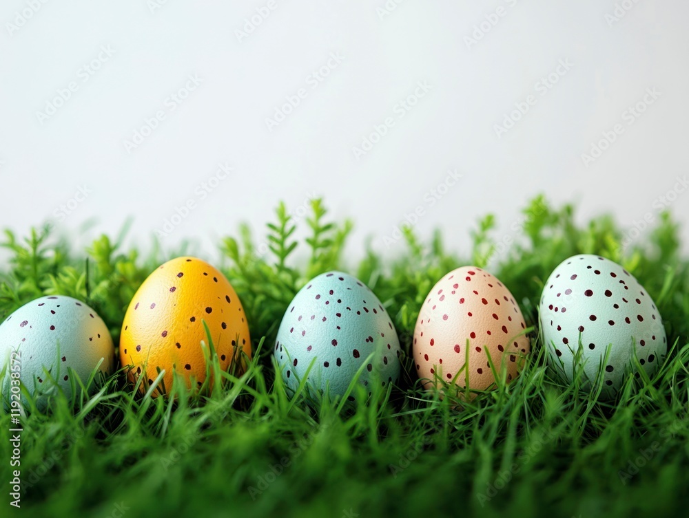 Fototapeta premium Colorful Easter Eggs on Green Grass with Minimalist Design for Spring Celebrations and Festivals, Perfect for Chinese New Year and Easter Themes