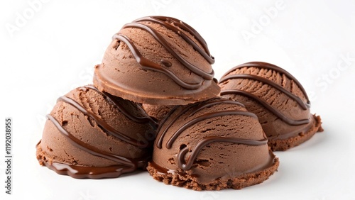 pile of Chocolate ice cream scoops topped with chocolate syrup on white background