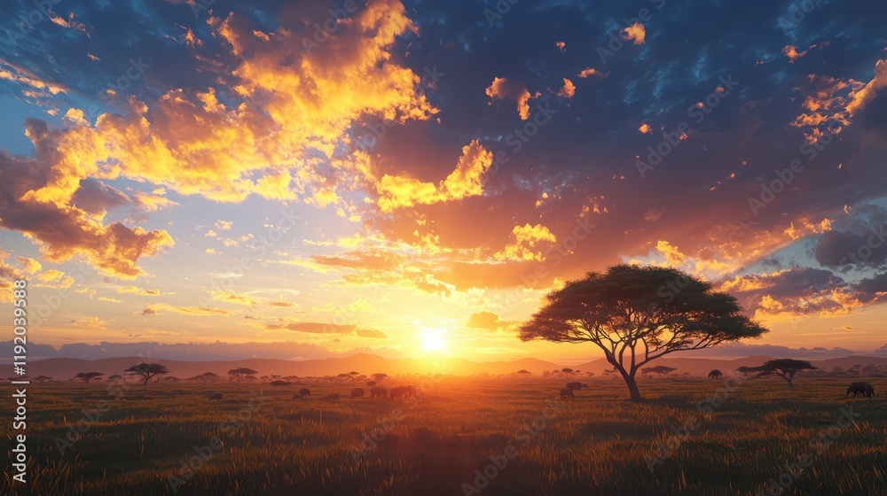 Serene sunset over expansive savannah landscape nature photography tranquil environment aesthetic viewpoint Serene sunset over expansive savannah landscape nature photography tranquil environment aesthetic viewpoint