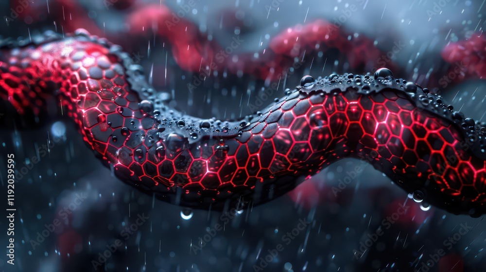 A close-up of a red, honeycomb-patterned surface with droplets, evoking a futuristic feel. A close-up of a red, honeycomb-patterned surface with droplets, evoking a futuristic feel.