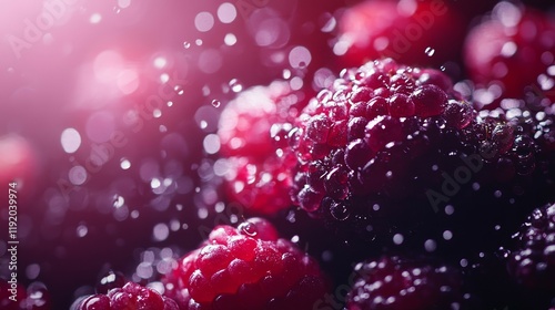 Macro view of raspberries with water droplets and pink bokeh highlights