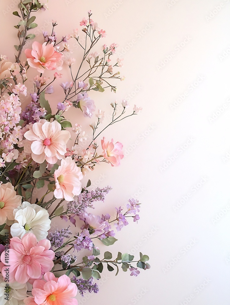 Obraz premium Elegant pastel floral arrangement with vibrant yet muted blooms in shades of pink lavender and subtle greens meticulously composed in a natural
