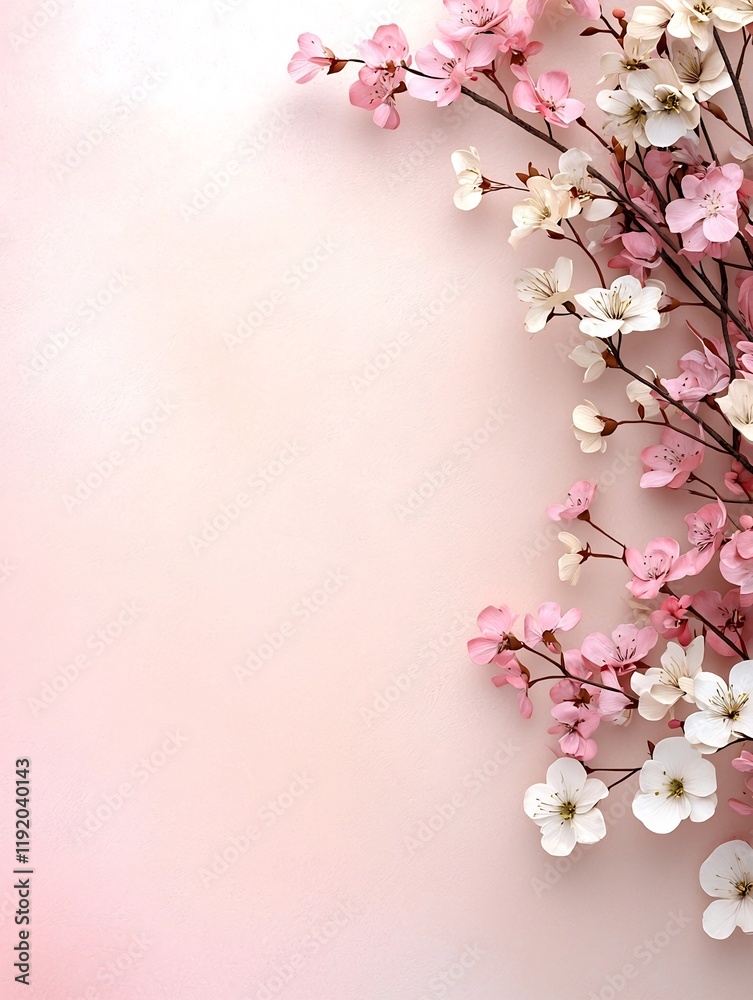 Obraz premium Soft pastel gradient background with a textured noise overlay featuring a delicate and contemporary floral arrangement in shades of pink and white