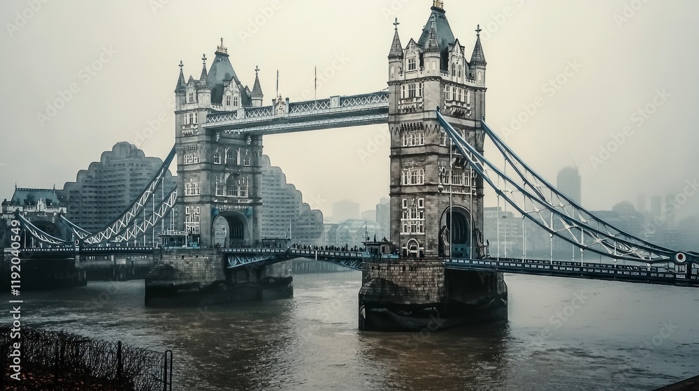 Obraz premium Tower Bridge London UK Foggy River Thames Iconic Landmark Architecture