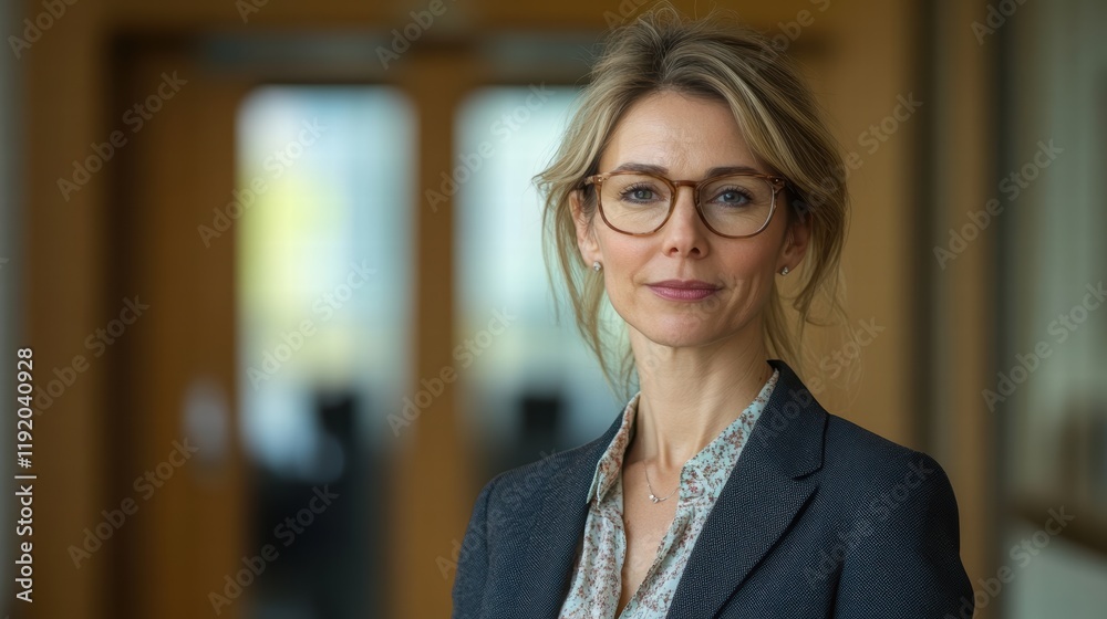 Fototapeta premium Businesswoman in a tailored blazer and blouse, standing in front of a conference room door, ready for a presentation.