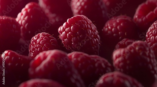 Close-up of a single focused raspberry among blurred others, showcasing vibrant red tones