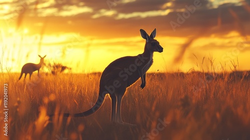 Kangaroo jumping, Western Australia Kangaroo, Kangaroo standing up in grasslands in the Australian Outback.