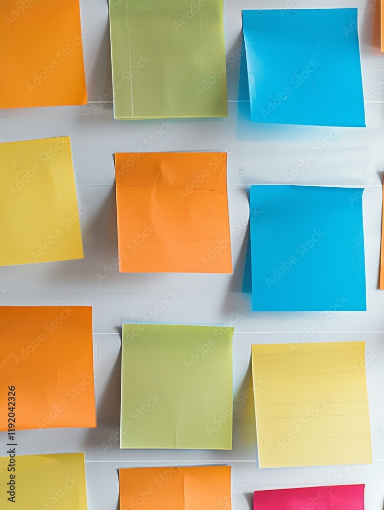 Colorful sticky notes arranged on a whiteboard. Ideal for office tasks, reminders, or brainstorming sessions. Perfect for productivity concepts. Colorful sticky notes arranged on a whiteboard. Ideal for office tasks, reminders, or brainstorming sessions. Perfect for productivity concepts.