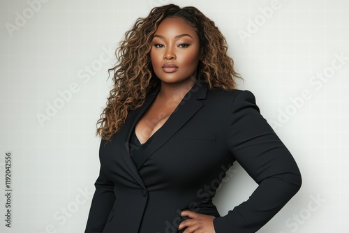 Confident full-figured woman in a fitted suit, standing tall in front of a simple background with a strong and empowering gaze.