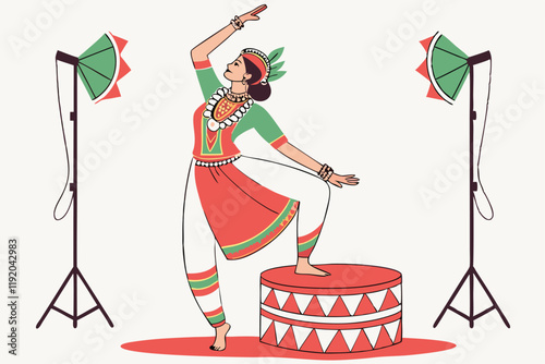 Traditional Indian Manipuri dancer, colorful costume, vibrant reds and greens, ornate jewelry, decorative headdress, dynamic pose, spinning motion, cylindrical base with intricate patterns, cultural a