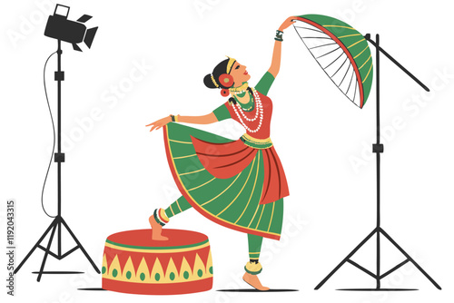 Traditional Indian Manipuri dancer, colorful costume, vibrant reds and greens, ornate jewelry, decorative headdress, dynamic pose, spinning motion, cylindrical base with intricate patterns, cultural a