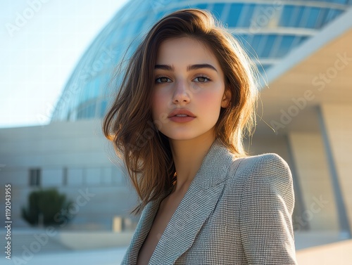 Confident woman with short stature, posing in front of a modern building, dressed in a tailored outfit that highlights her unique style. Free Download Confident woman with short stature, posing in front of a modern building, dressed in a tailored outfit that highlights her unique style. - GFXLoad