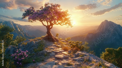 Sunset Mountaintop Blooming Tree Scenic View