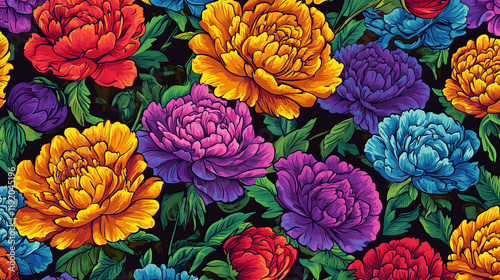 The image is a vibrant, colorful illustration of peony flowers in various bright colors such as red, orange, yellow, pink, purple, and blue, set against a dark background photo