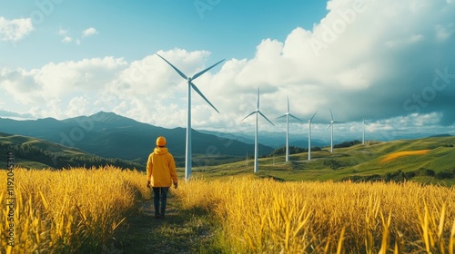 Double exposure graphic of business people working over wind turbine farm and green renewable energy worker interface. Concept of sustainability development by alternative energy.