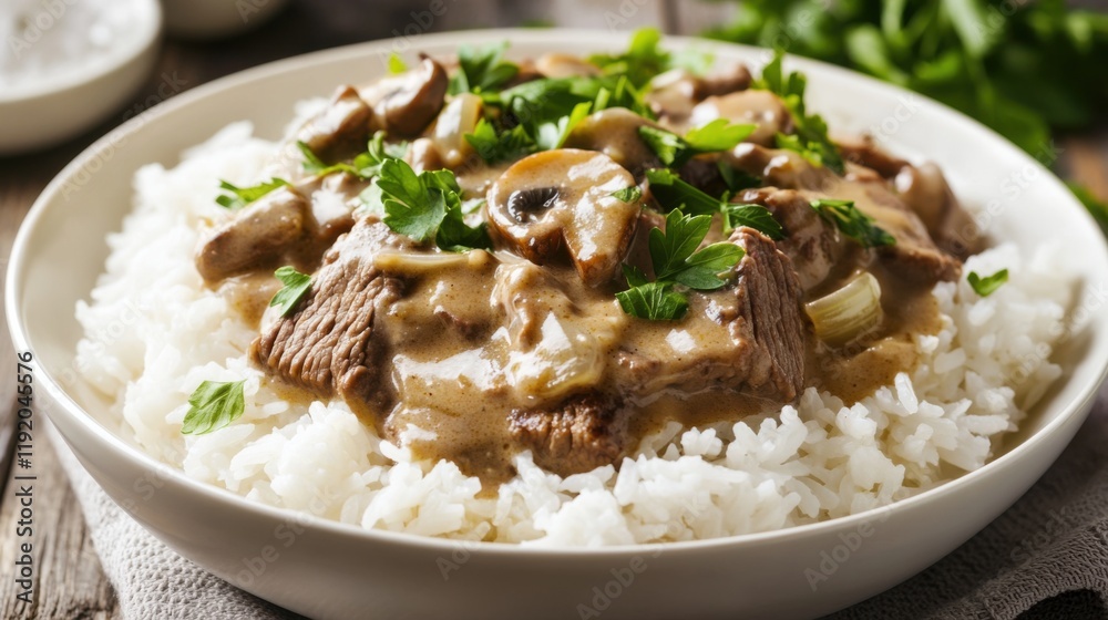 Beef stroganoff with white rice and parsley in a bowl. Emphasizing rich and savory nature, ideal for comfort food recipes and hearty meals with a satisfying presentation. Beef stroganoff with white rice and parsley in a bowl. Emphasizing rich and savory nature, ideal for comfort food recipes and hearty meals with a satisfying presentation.