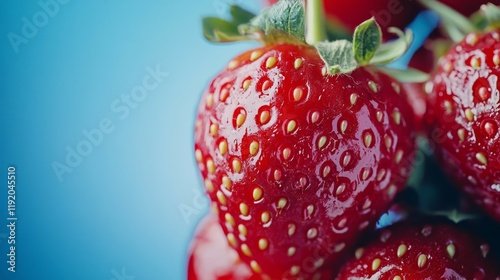 Close-up of a glossy red strawberry on a blue background