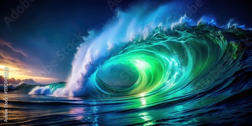 Electric blue ocean wave with white foam crest and dark green undertow in a vibrant neon light background, electric blue, night sky