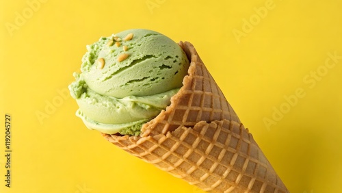 green tea ice cream cone topped with golden nuts on yellow background