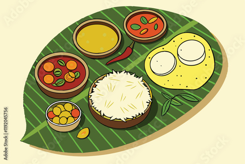 Traditional Indian thali, vibrant colorful food, banana leaf plate, rice, curry, vegetables, spices, overhead view, realistic rendering, studio lighting, high detail, food photography style, green and