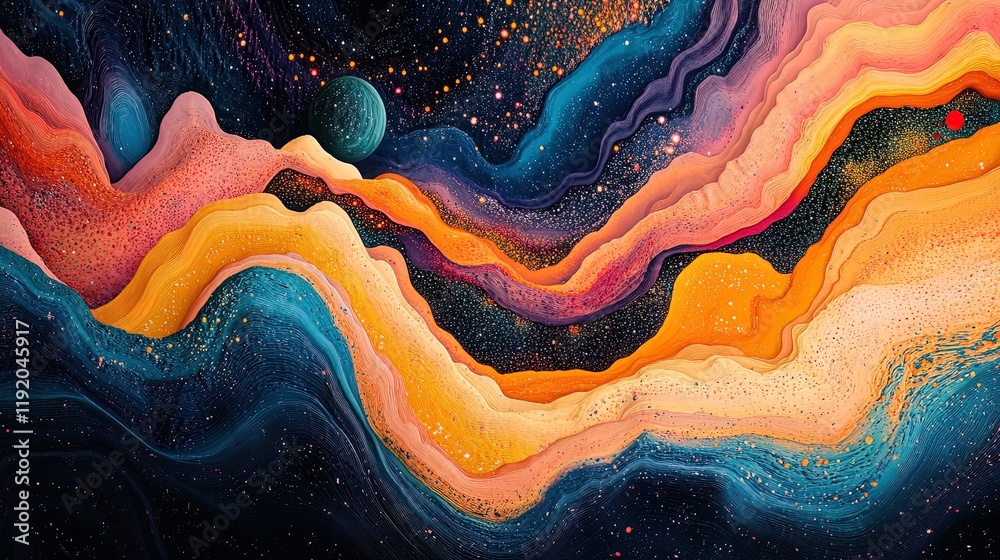 Intricate abstract patterns with glowing trails and cosmic exploration vibes
