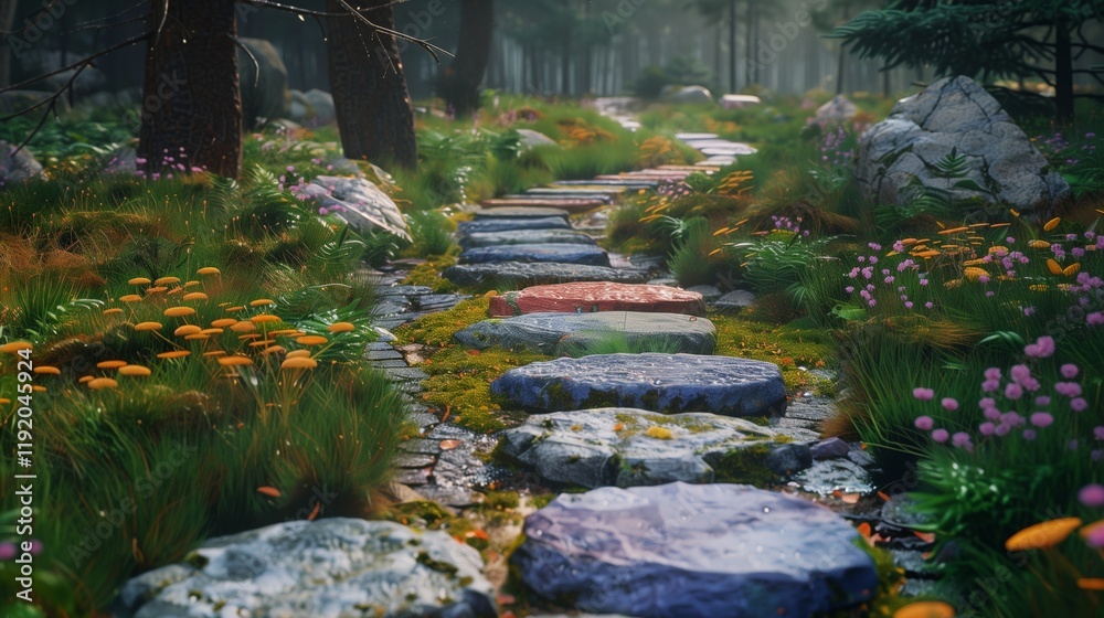 A patch of isolated garden stone paths made with colorful stones, leading into a distant forest. A patch of isolated garden stone paths made with colorful stones, leading into a distant forest.
