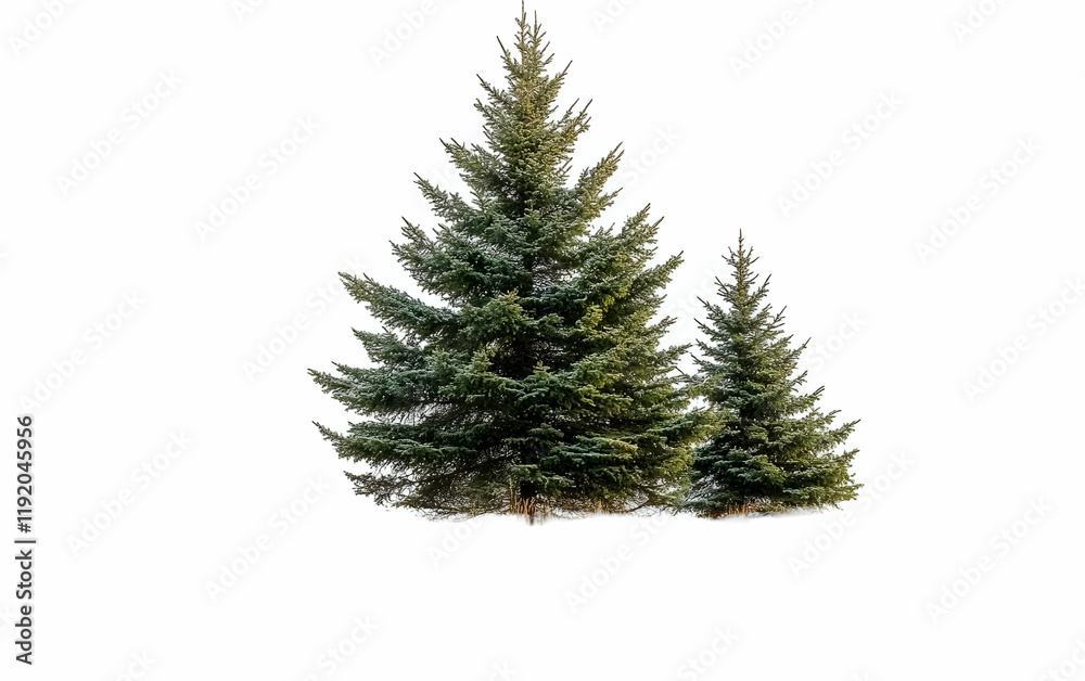 Two evergreen trees, winter scene, isolated, design element Two evergreen trees, winter scene, isolated, design element