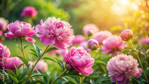 Fototapeta Naklejka Na Ścianę i Meble -  Soft focus blooming pink peonies flowers in a lush garden on a warm sunny day with gentle breeze blowing leaves