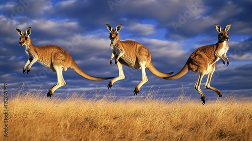 Kangaroo jumping, Western Australia Kangaroo, Kangaroo standing up in grasslands in the Australian Outback.