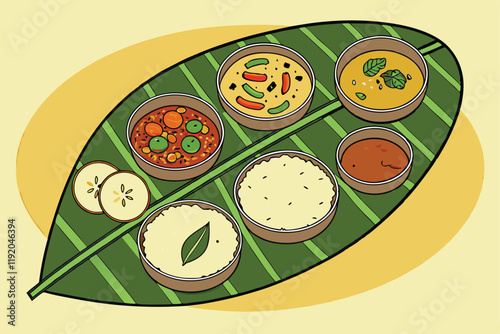 Traditional Indian thali, vibrant colorful food, banana leaf plate, rice, curry, vegetables, spices, overhead view, realistic rendering, studio lighting, high detail, food photography style, green and