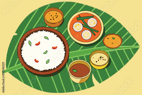 Traditional Indian thali, vibrant colorful food, banana leaf plate, rice, curry, vegetables, spices, overhead view, realistic rendering, studio lighting, high detail, food photography style, green and