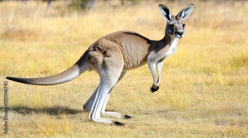 Kangaroo jumping, Western Australia Kangaroo, Kangaroo standing up in grasslands in the Australian Outback.
